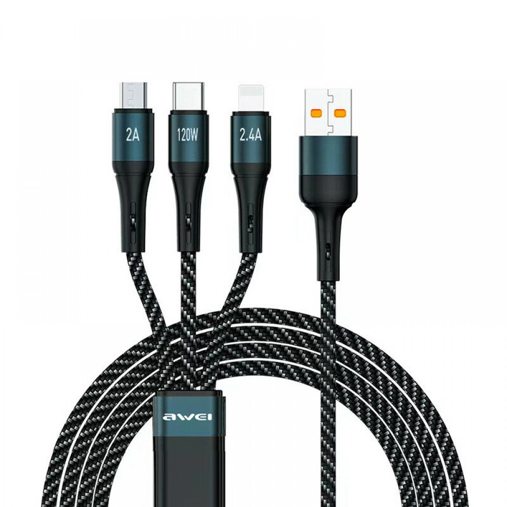 AWEI CL-972 PD120W 3 to 1 Tyep-C Fast Charging Intelligent Temperature Control Data Cable for XIAOMI Smartphone Tablet - Black AWEI CL-972 PD120W 3 to 1 Tyep-C Fast Charging Intelligent Temperature Control Data Cable for XIAOMI Smartphone Tablet - Black